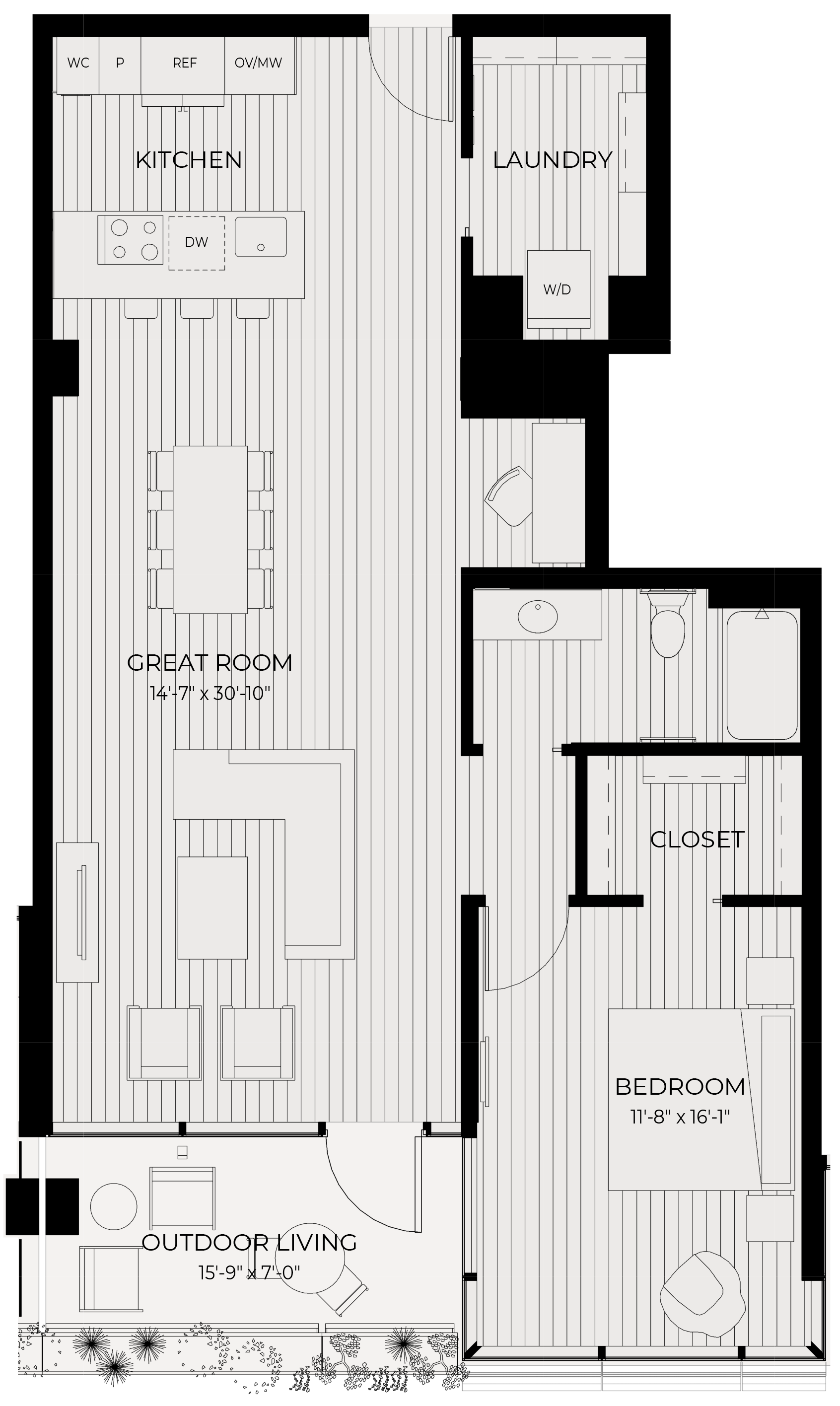 Floor plan for 1 bed, 1 bath, 1068 sqft